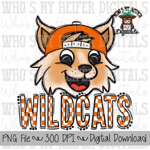Orange & White Wildcat PNG Hand Drawn Wildcat with Hat Sublimation PNG Game Day Shirt Design School Spirit PNG Checkered Wildcats Doodle Art