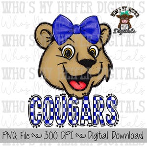 Blue & White Cougar PNG Hand Drawn Cougar with Bow Sublimation PNG Game Day Shirt Designs School Spirit PNG Checkered Cougar Doodle Art