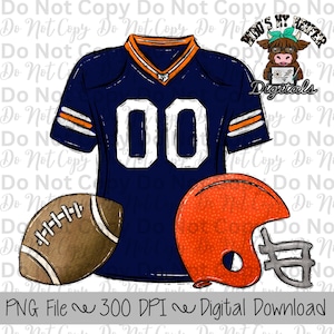 Orange and Navy Football Trio PNG Hand Drawn Football, Jersey, & Helmet Sublimation Design Boy Game Day Shirt Design Football Gear Clipart