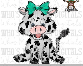 Kokette Bogen Kuh PNG Hand gezeichnete Kuh mit Bogen Sublimation PNG Kinder Kuh Shirt Design Süße Kuh Digitaler Download Kuh Gekritzel Clipart Bauernhof Tier