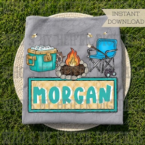 Whimsical Camping Trio with Name Patch PNG File Hand Drawn Campfire Chair & Cooler Clipart Kid Camping Sublimation Shirt Design Doodle Art