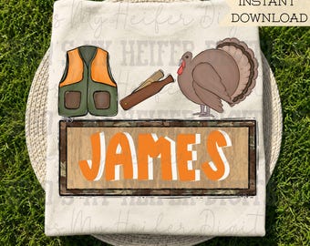 Turkey Hunting Name Block Sublimation PNG Hand Drawn Hunters Vest & Turkey Call PNG Boy Hunting Theme Shirt Design Kid Camouflage Doodle Art