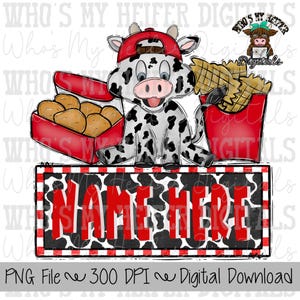 Chicken Nuggets & Cow with Name Block Sublimation PNG Hand Drawn Cow with Hat PNG Kids Shirt Design Cute Boy Cow Doodle Art Fast Food DTF