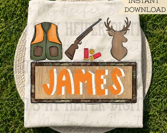 Deer Hunting Name Block Sublimation PNG Hand Drawn Hunters Vest & Buck PNG File Boy Hunting Shirt Design Kids Camouflage Doodle Art Buck