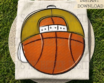 Balón de baloncesto dorado y blanco con gorra hacia atrás PNG Balón de baloncesto dibujado a mano con gorra Sublimación PNG Diseño de camiseta para el día del partido Espíritu escolar Doodle Art