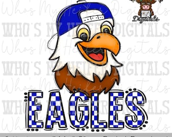 May include: A digital graphic featuring a cartoon eagle wearing a blue baseball cap, positioned above the word EAGLES in a blue and white checkered pattern. The design includes a small logo of a cow in the corner and the text PNG File 300 DPI.