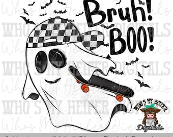 Bruh Boo Sublimation PNG Hand Drawn Ghost with Hat PNG Halloween Ghost PNG Kids Shirt Design Boy Halloween Clipart Skateboard Doodle Art