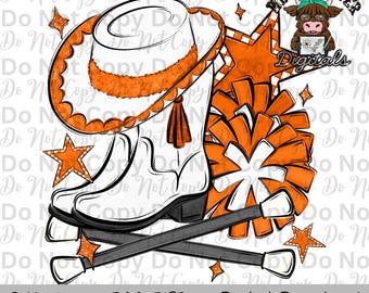 Equipe de treinamento laranja e branca PNG Pompons desenhados à mão, chapéu de treinamento e bastão giratório Design de sublimação Design de camisa para dia de jogo de banda Bota de equipe de treinamento