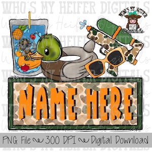 Camo Summer Fun Name Block Sublimation PNG Hand Drawn Water Toy & Duck Float PNG File River Life Shirt Design Kids Summer Doodle Art