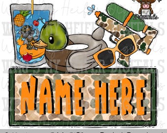 Diseño de camiseta de verano con estampado de camuflaje, sublimación PNG, juguete acuático dibujado a mano y flotador de pato, descarga digital, diseño de camiseta de vida fluvial para niños, arte de garabatos de verano