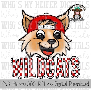 Red & White Wildcat PNG Hand Drawn Wildcat with Hat Sublimation PNG Game Day Shirt Designs School Spirit PNG Checkered Wildcats Doodle Art
