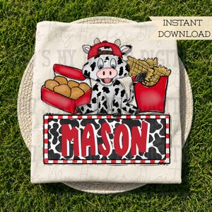 Chicken Nuggets & Cow with Name Block Sublimation PNG Hand Drawn Cow with Hat PNG Kids Shirt Design Cute Boy Cow Doodle Art Fast Food DTF