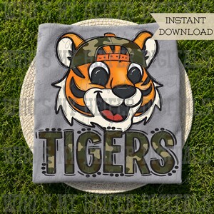 Camo Hat Tiger PNG Hand Drawn Tiger with Hat Sublimation PNG Game Day Shirt Designs School Spirit PNG Camouflage Tiger Digital Download