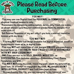 May include: A digital terms of use graphic with a cow print background and a teal header featuring a cartoon cow logo. The text reads Please Read Before Purchasing, followed by lists of permitted and prohibited actions for digital file usage.