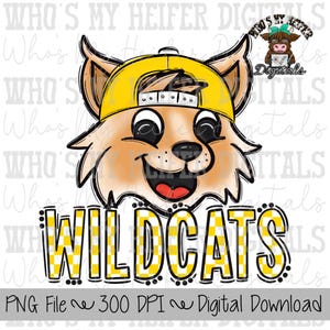Yellow & White Wildcat PNG Hand Drawn Wildcat with Hat Sublimation PNG Game Day Shirt Design School Spirit PNG Checkered Wildcats Doodle Art