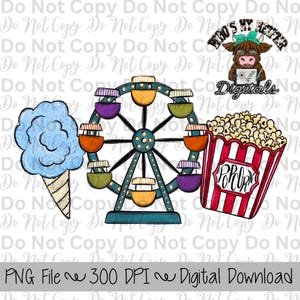 Blue Cotton Candy Fair Trio Sublimation Design Hand Drawn Fair Food PNG Kids Fair Sublimation Shirt Design State Fair PNG File Fair Clipart