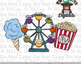Blue Cotton Candy Fair Trio Sublimation Design Hand Drawn Fair Food PNG Kids Fair Sublimation Shirt Design State Fair PNG File Fair Clipart