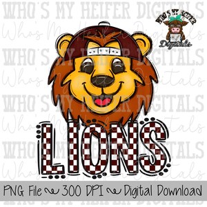 Maroon & White Lions PNG Hand Drawn Lions with Hat Sublimation PNG Game Day Shirt Design School Spirit PNG Checkered Lion Doodle Art