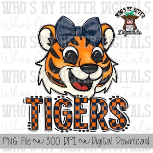 Tiger PNG Hand Drawn Tiger with Bow Sublimation PNG Game Day Shirt Designs School Spirit PNG Checkered Tiger Digital Download Kid Mascot