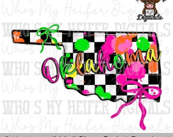 Damier État de l'Oklahoma PNG dessiné à la main avec noeud sublimation PNG rétro des années 90 chemise design couleurs vives éclaboussures de peinture Doodle art