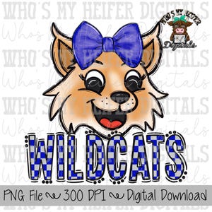Blue & Gray Wildcat PNG Hand Drawn Wildcat with Bow Sublimation PNG Game Day Shirt Designs School Spirit PNG Checkered Wildcats Doodle Art