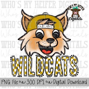 Gold & White Wildcat PNG Hand Drawn Wildcat with Hat Sublimation PNG Game Day Shirt Design School Spirit PNG Checkered Wildcats Doodle Art