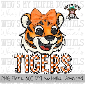 Orange & White Tiger PNG Hand Drawn Tiger with Bow Sublimation PNG Game Day Shirt Designs School Spirit PNG Checkered Tiger Digital Download
