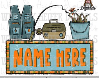 Fishing Trio Name Block Sublimation PNG Hand Drawn Vest, Tackle Box, & Fishing Pole PNG Boy Fishing Shirt Design Kids Fish Doodle Art