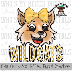 Gold & White Wildcat PNG Hand Drawn Wildcat with Bow Sublimation PNG Game Day Shirt Designs School Spirit PNG Checkered Wildcats Doodle Art