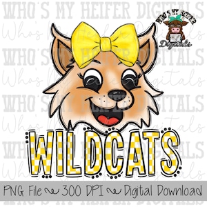 Yellow & White Wildcat PNG Hand Drawn Wildcat with Bow Sublimation PNG Game Day Shirt Design School Spirit PNG Checkered Wildcats Doodle Art