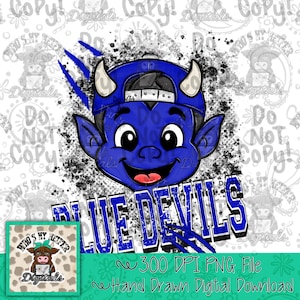 May include: A digital graphic illustration of a blue devil character wearing a blue baseball cap, featuring large eyes and horns. The text BLUE DEVILS is displayed in a bold blue font with a white outline, set against a black ink splatter background.