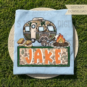 Camo Camper with Name Patch PNG File Hand Drawn Camper with Campfire & Smore Clipart Kid Camping Sublimation Shirt Design Digital Download