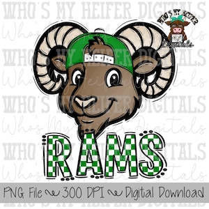 May include: A digital illustration of a brown ram wearing a green baseball cap, featuring large curved horns with black outlines. Below the ram, the word RAMS is written in a bold, blocky font with a green and white checkered pattern throughout.