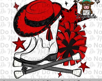 Pompons desenhados à mão, chapéu de treino e bastão giratório vermelho e preto PNG, design de sublimação para camisa de dia de jogo de banda, botas de equipe de treino
