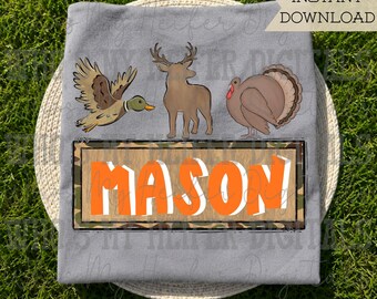 Hunting Animal Trio Name Block Sublimation PNG Hand Drawn Deer Duck & Turkey PNG Kid Hunting Shirt Design Preppy Camouflage Doodle Art