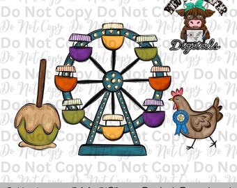 Caramel Apple Ferris Wheel Chicken Sublimation Design Hand Drawn Carnival Sublimation Shirt Design State Fair PNG File Livestock Fair PNG
