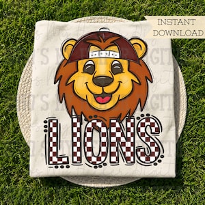 Maroon & White Lions PNG Hand Drawn Lions with Hat Sublimation PNG Game Day Shirt Design School Spirit PNG Checkered Lion Doodle Art