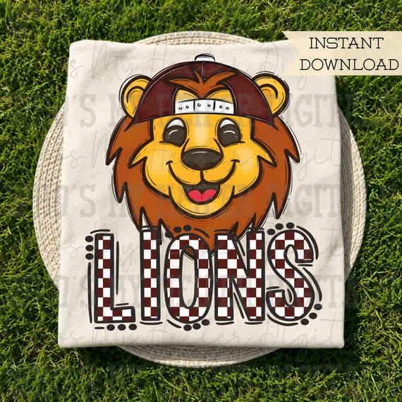 Maroon & White Lions PNG Hand Drawn Lions with Hat Sublimation PNG Game Day Shirt Design School Spirit PNG Checkered Lion Doodle Art