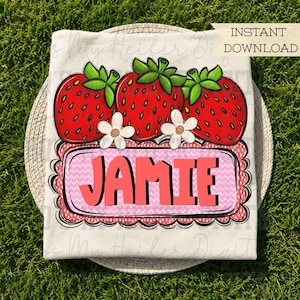 Whimsical Strawberry Trio with Name Block Sublimation PNG Hand Drawn Strawberry Blossoms PNG Kids Shirt Design Strawberry Doodle Art Scallop