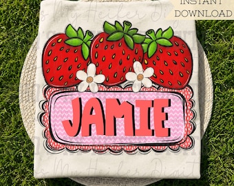 Trío de fresas caprichoso con bloque de nombre Sublimación PNG Flores de fresa dibujadas a mano PNG Diseño de camiseta para niños Arte de doodle de fresa Vieira