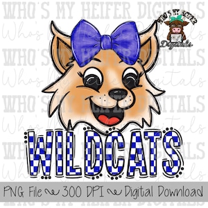 Blue & White Wildcat PNG Hand Drawn Wildcat with Bow Sublimation PNG Game Day Shirt Designs School Spirit PNG Checkered Wildcats Doodle Art