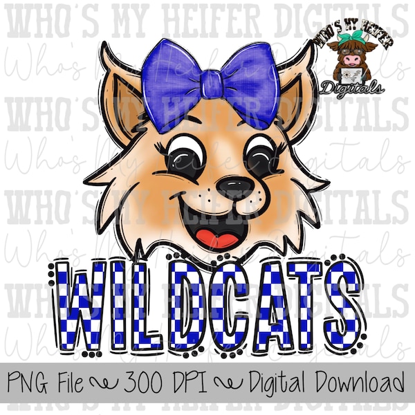 Gato montés azul y blanco PNG Gato montés dibujado a mano con lazo Sublimación PNG Diseños de camisetas para el día del juego Espíritu escolar PNG Arte de garabatos de gatos montés a cuadros