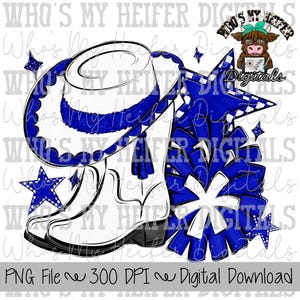 Blue and White Drill Team PNG Hand Drawn Pom Poms, & Drill Hat, Sublimation Design Girl Game Day Shirt Design Drill Team Boots Printable Art