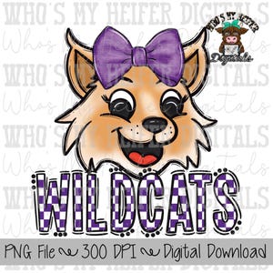 Purple & White Wildcat PNG Hand Drawn Wildcat with Bow Sublimation PNG Game Day Shirt Design School Spirit PNG Checkered Wildcats Doodle Art