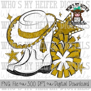 Gold and White Drill Team PNG Hand Drawn Pom Poms & Drill Hat Sublimation Design Girl Game Day Shirt Design Drill Team Boots Printable Art