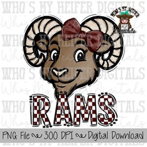May include: A digital graphic illustration of a brown ram head with large curled horns, wearing a dark red bow between the horns. Below the ram, the word RAMS is written in a bold, blocky font with a dark red and white checkered pattern.