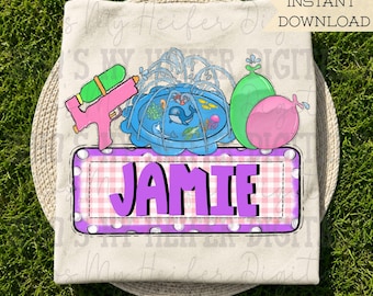 Water Toys Name Block Sublimation PNG Hand Drawn Water Balloons & Splash Pad PNG File Summer Outside Fun Shirt Design Kid Summer Doodle Art
