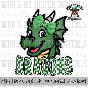 May include: A digital graphic of a green dragon with a green bow, smiling with its tongue out. The word "DRAGONS" is in a checkered green and white font. Text at the bottom reads "PNG File ~ 300 DPI ~ Digital Download."
