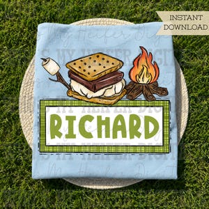 Smore Trio with Name Patch PNG Hand Drawn Campfire & Marshmallow Clipart Kid Camping Sublimation File Shirt Design Digital Download
