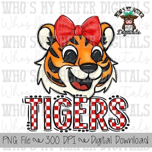 Red & White Tiger PNG Hand Drawn Tiger with Bow Sublimation PNG Game Day Shirt Designs School Spirit PNG Checkered Tiger Digital Download